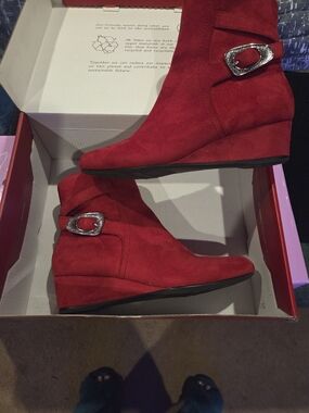 Impo Red Suede Wedge Ankle Booties with Silver Buckle